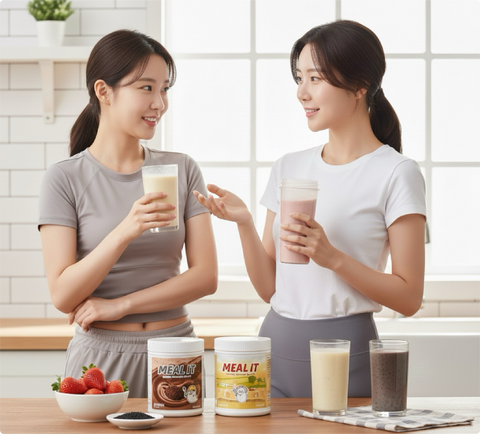 2 womans chatting and drinking meal it protein shake