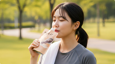 a woman smelling meal it protein shake