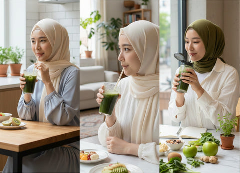 three woman drinking aojiru healthy drink