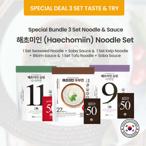 taste and try 3 mixed set Korean Seaweed & Kelp Noodle and Tofu noodle Set with Soba and Bibim Sauce 3종 세트 혼합 소바 소스 미역국수 & 비빔 소스 다시마 국수 세트 - 모든 국수와 소스를 맛보세요